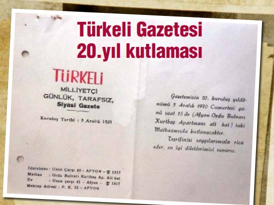 Türkeli Gazetesinin 20. kuruluş yılı ktlama davetiyesi